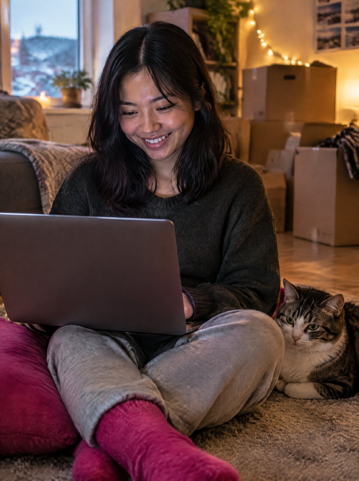 Jeune femme avec un portable dans son nouvel appartement
